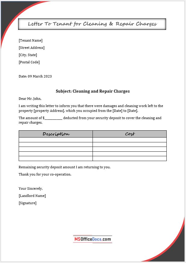 Free Sample Letters to Tenant MS Office Documents