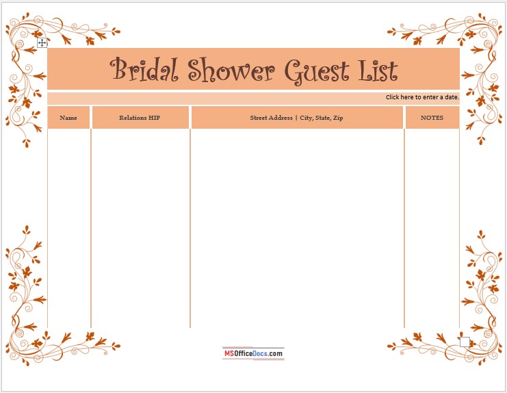 Free Bridal Shower Guest List Templates MS Office Documents