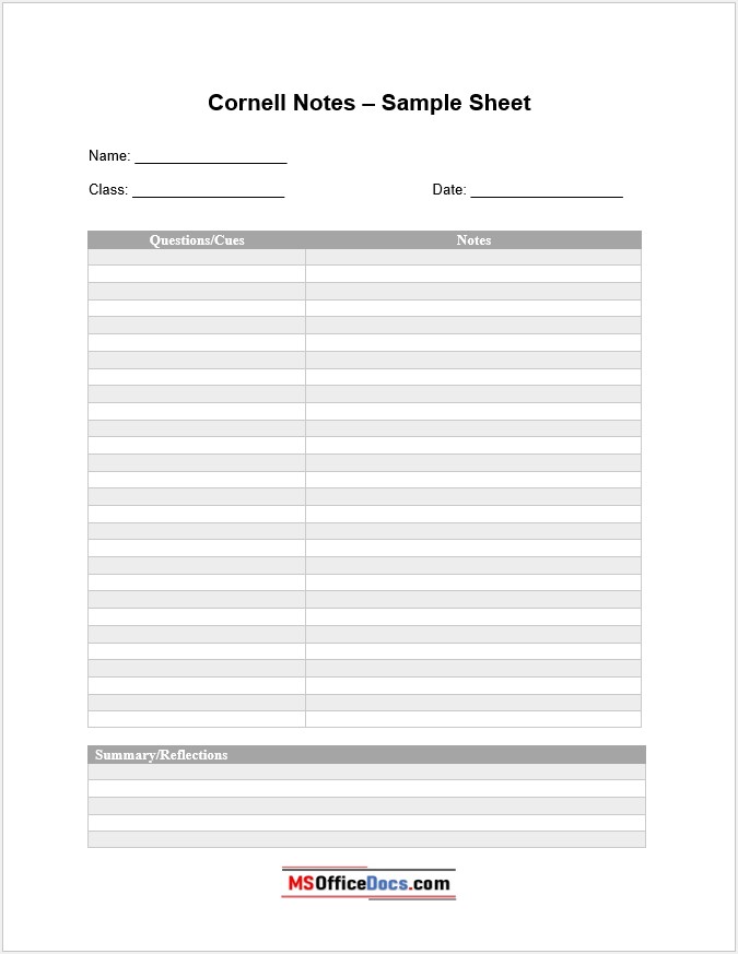 Cornell Notes MS Word Template 12.