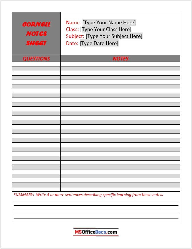 Cornell Notes Word Template 1.