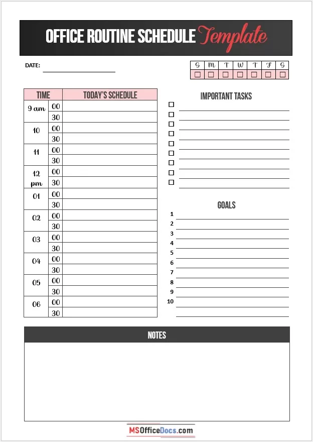 Office staff routine planner Word