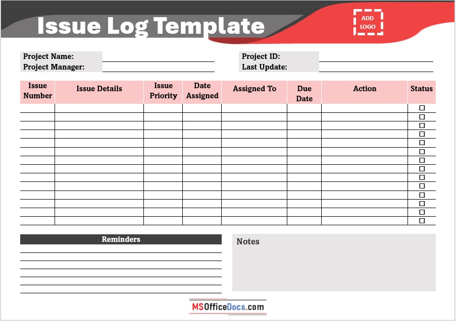 Customizable issue log register 