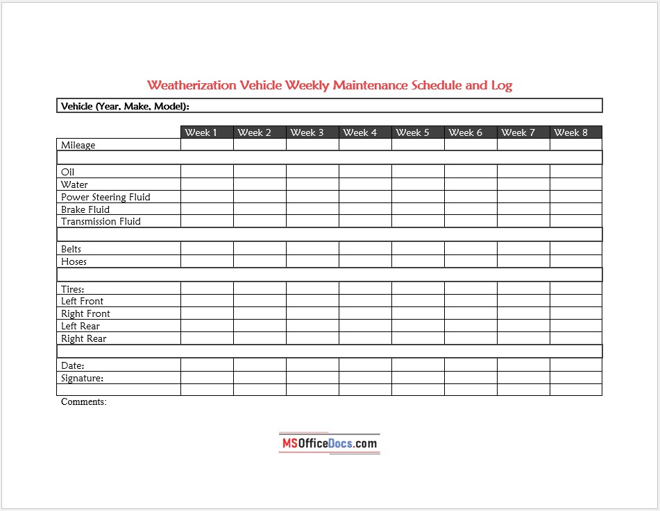8 Weeks Vehicle Maintenance Log - MS Word Template