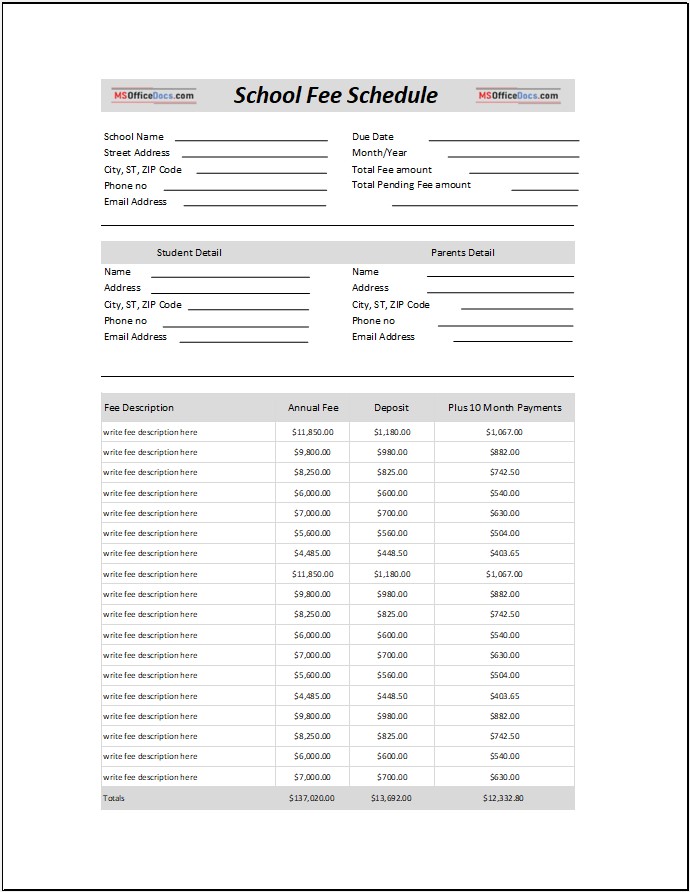 Annual School Fee - 10 Month Payments Schedule