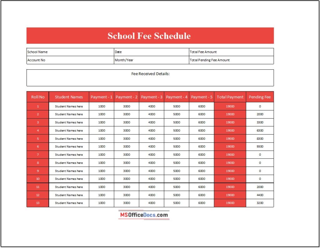 Class Fee Payment Log - Paid and Pending - Excel Sheet
