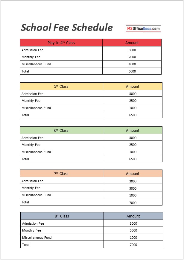 Detailed Fee Schedule - Grade 4th to 8th - Word Template