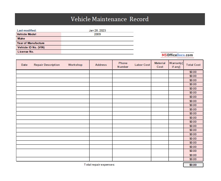 Detailed Vehicle Maintenance Log Excel