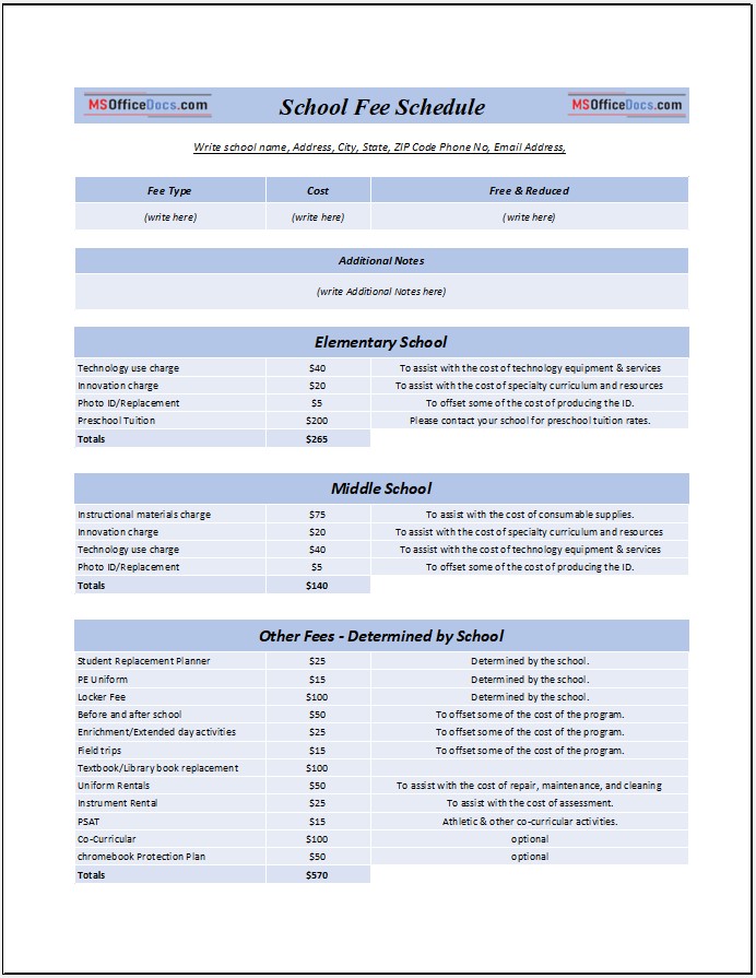 Elementary and Middle School Fee Schedule Template