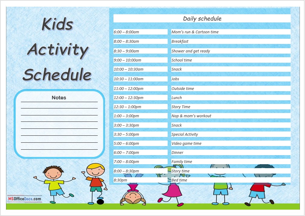 Kids Daily Activity Schedule - MS Word Template