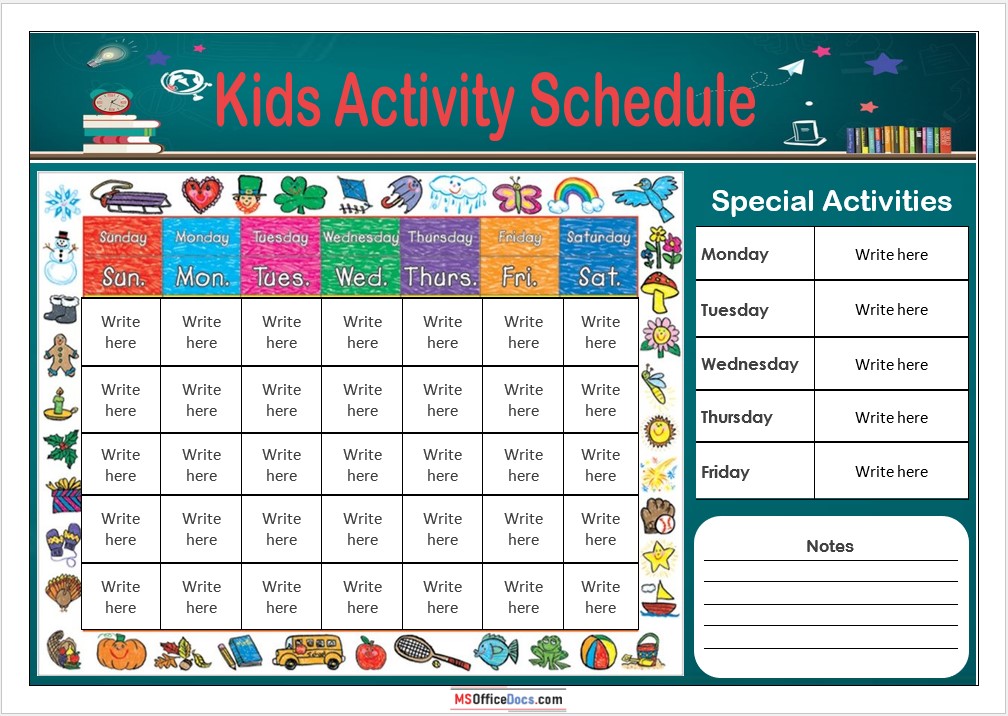 Kids Weekly Activity Schedule - Word Template
