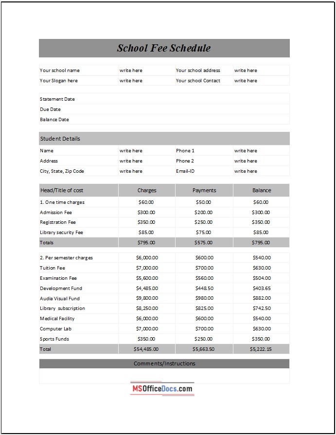 School Fee Challan - Detailed Charges Sheet