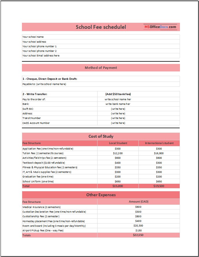 School Fee Schedule - Cost and Expenses Sheet
