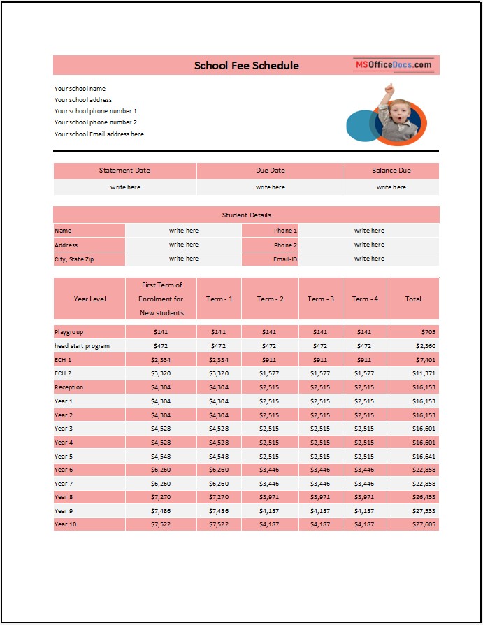School Fee Schedule - Term Based Excel Sheet