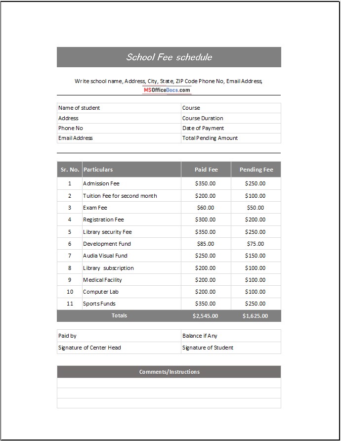 School Fee Voucher Template - MS Excel