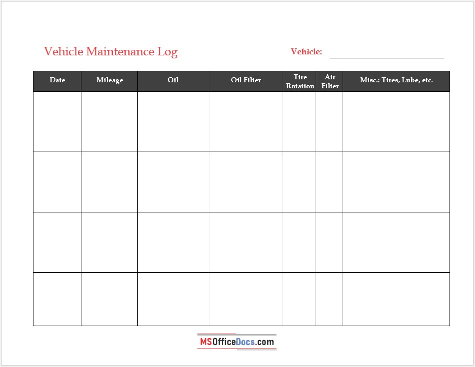 Simple Vehicle Maintenance Log - Editable Word Template