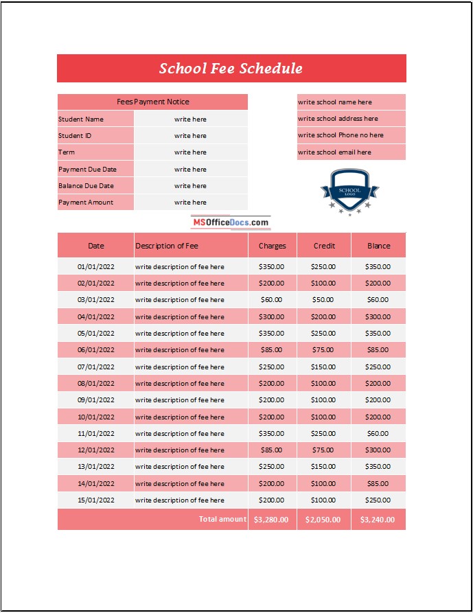 Student School Fee Ledger - MS Excel Template