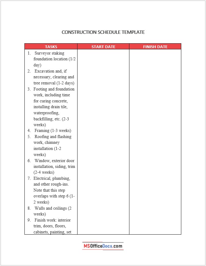Construction Schedule Template 01