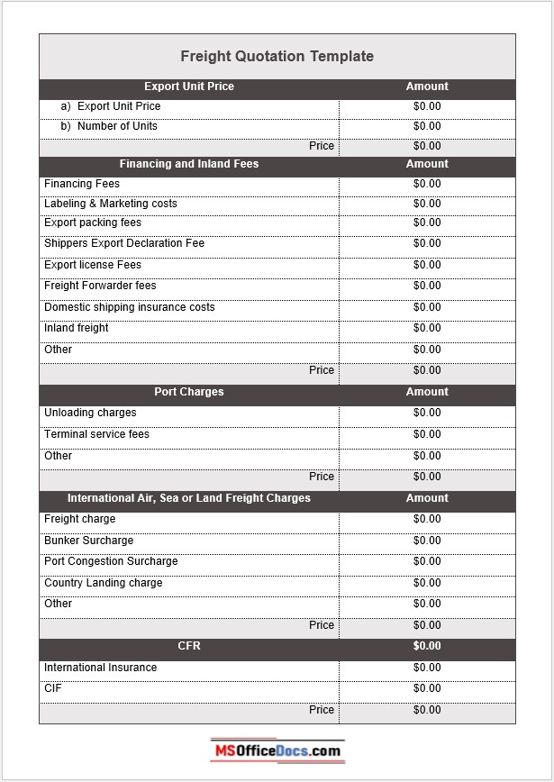 Freight cost estimate sheet