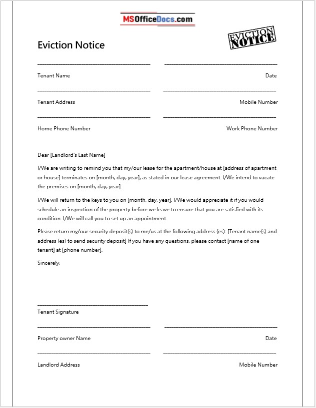 Rental eviction letter sample
