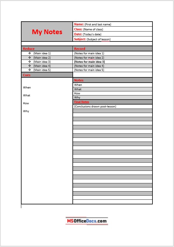 Cornell Notes System - Word Template