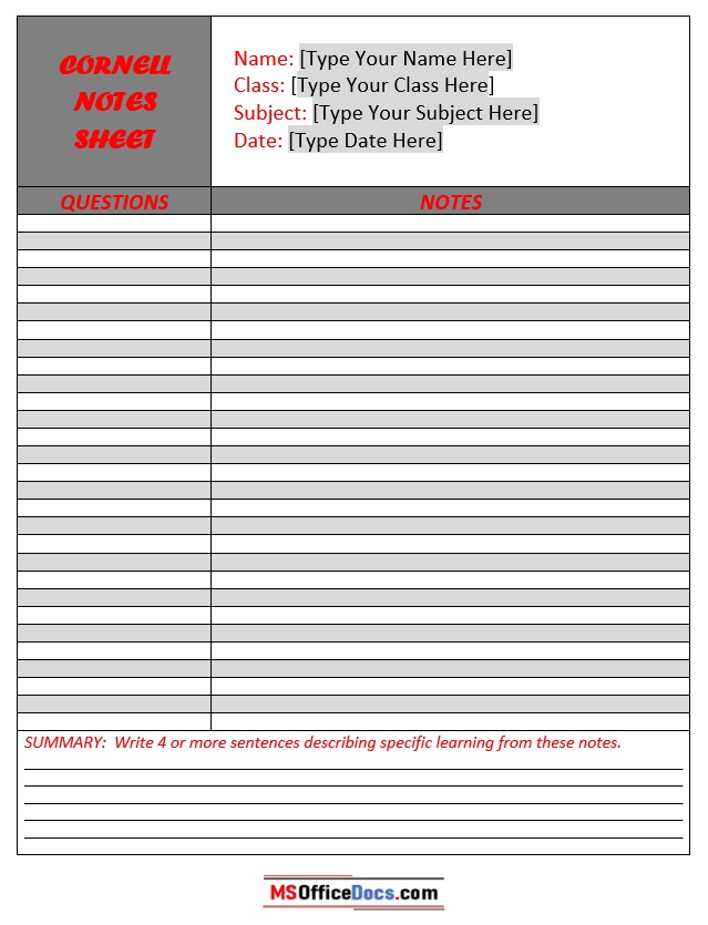Free Cornell note-taking template Word