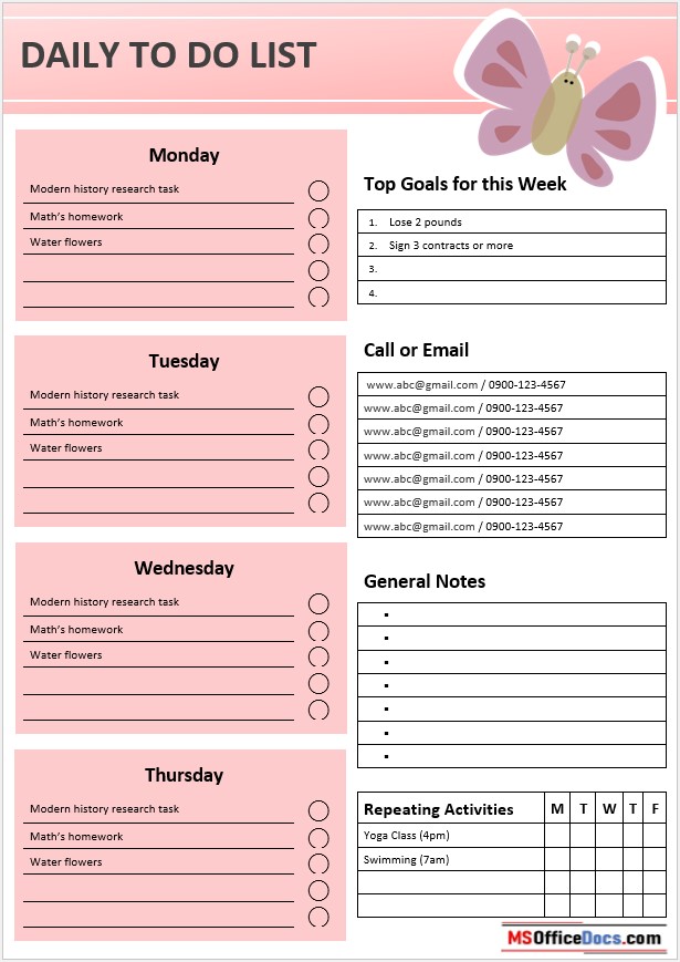 Microsoft Word daily to-do list