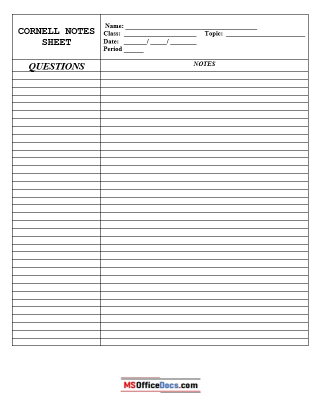 Printable Cornell notes Word document