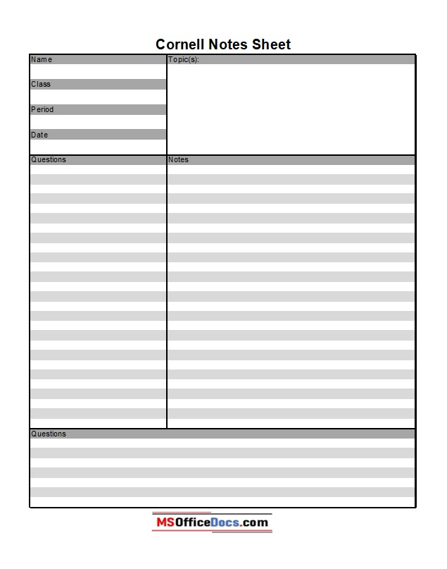 Professional Cornell Notes - Excel Sheet