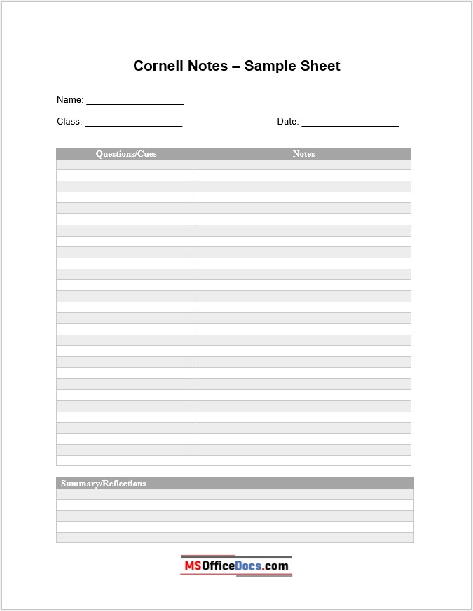 Standard Cornell Notes - Word Format