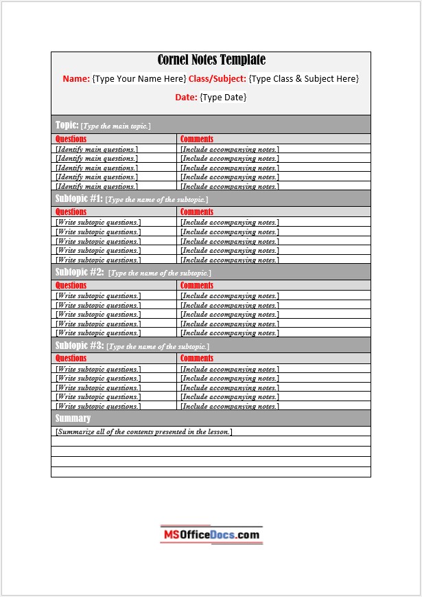 Study Notes Cornell - Word Template