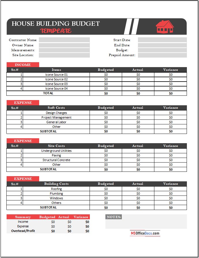 Home Project Financial Plan - MS Excel Template