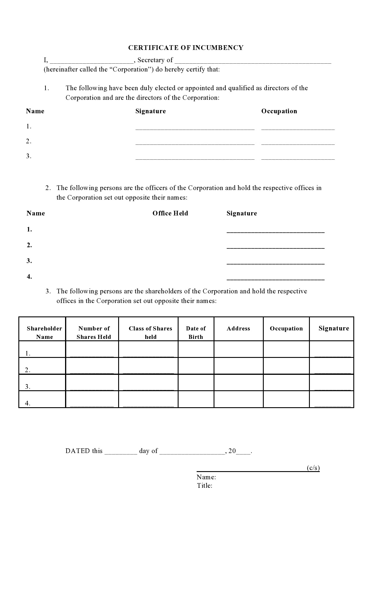 Certificate of Incumbency Template 12