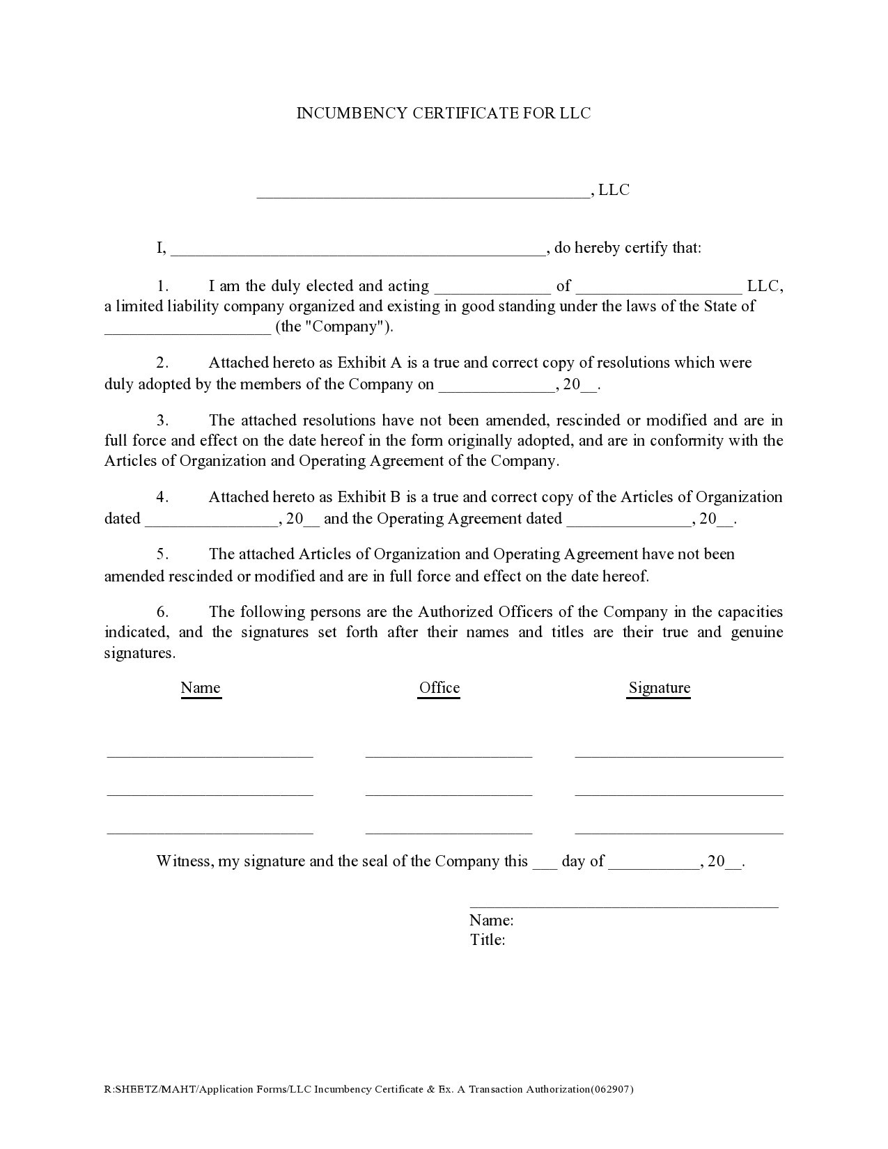 Certificate of Incumbency Template 18