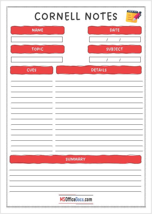 Cornell notes method - Word Spreadsheet