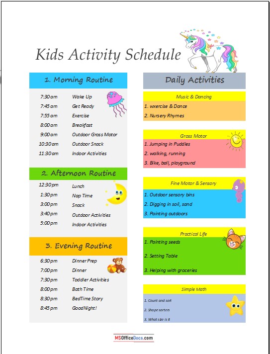 Daily Activity Schedule for Young Kids - Excel Sheet