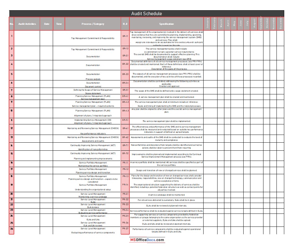 Excel Audit Schedule - Detailed Activities